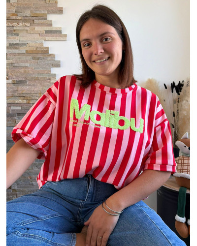 SAVIER |  Sweat manche courte rouge rayé rose