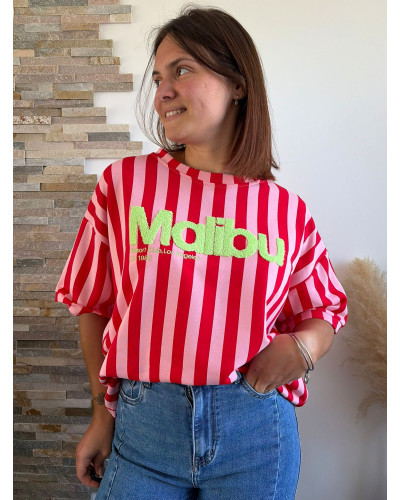 SAVIER |  Sweat manche courte rouge rayé rose