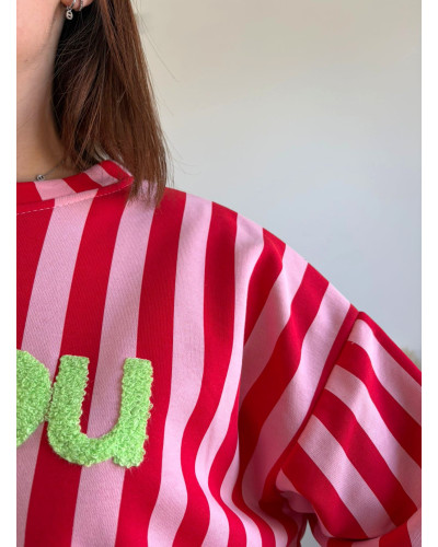 SAVIER |  Sweat manche courte rouge rayé rose