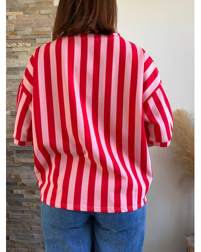 SAVIER |  Sweat manche courte rouge rayé rose