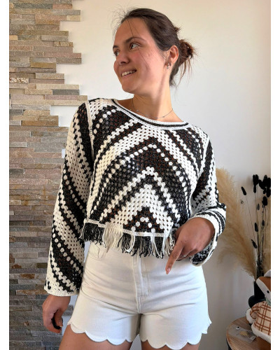 ARLO | Top crochet noir et blanc à franges