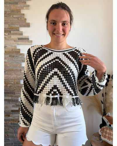 ARLO | Top crochet noir et blanc à franges