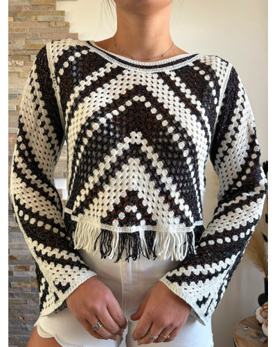 ARLO | Top crochet noir et blanc à franges