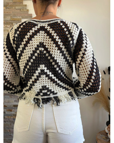 ARLO | Top crochet noir et blanc à franges