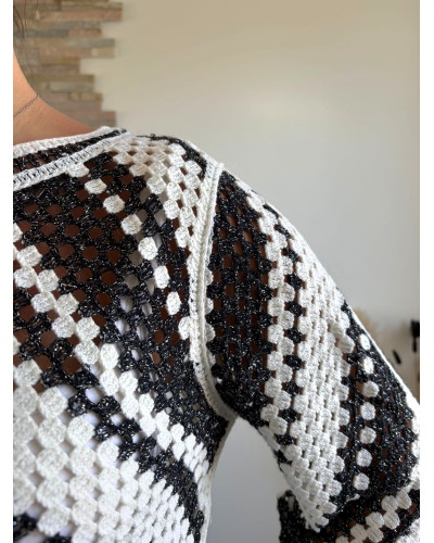 ARLO | Top crochet noir et blanc à franges