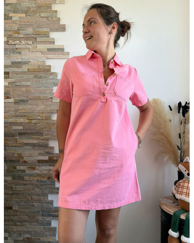 NOUR | Robe droite en jean rose col chemise