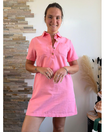 NOUR | Robe droite en jean rose col chemise
