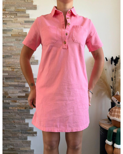 NOUR | Robe droite en jean rose col chemise