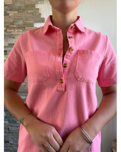 NOUR | Robe droite en jean rose col chemise
