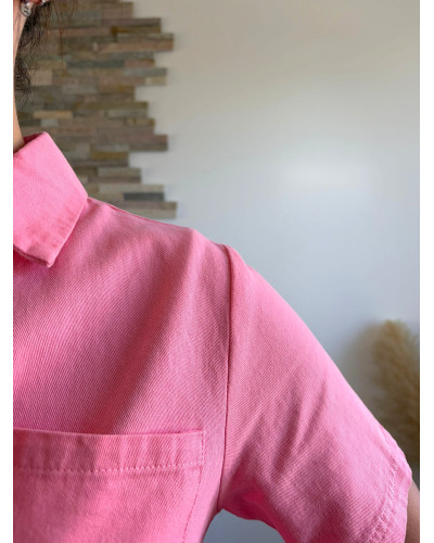 NOUR | Robe droite en jean rose col chemise