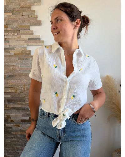 JENNA | Chemisette gaze de coton blanche avec citron