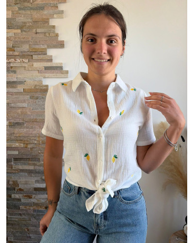 JENNA | Chemisette gaze de coton blanche avec citron