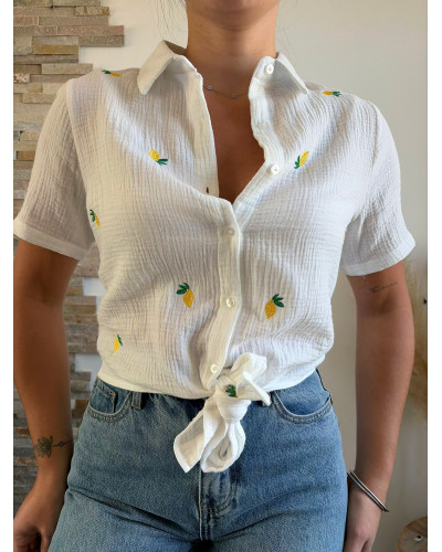 JENNA | Chemisette gaze de coton blanche avec citron