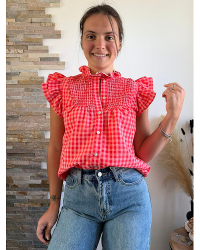 OLIVIA | Blouse vichy rose et rouge volants