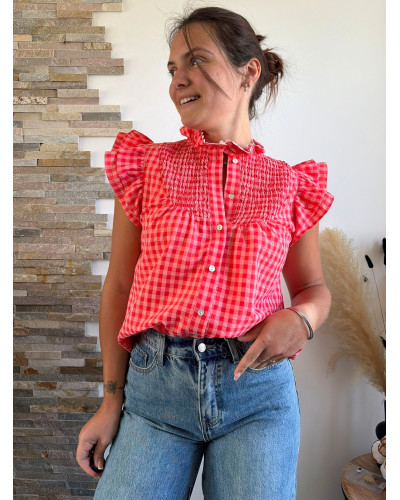 OLIVIA | Blouse vichy rose et rouge volants
