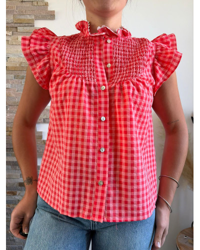 OLIVIA | Blouse vichy rose et rouge volants