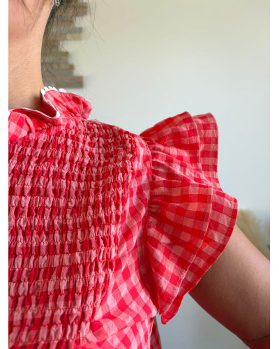 OLIVIA | Blouse vichy rose et rouge volants