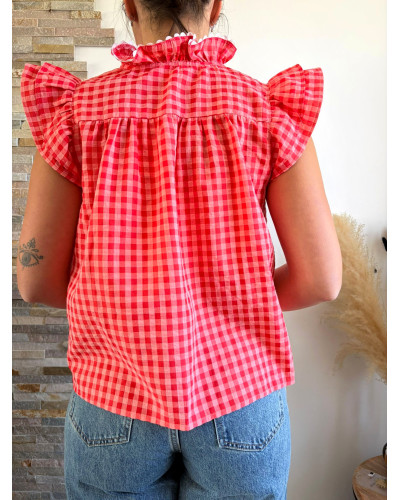 OLIVIA | Blouse vichy rose et rouge volants