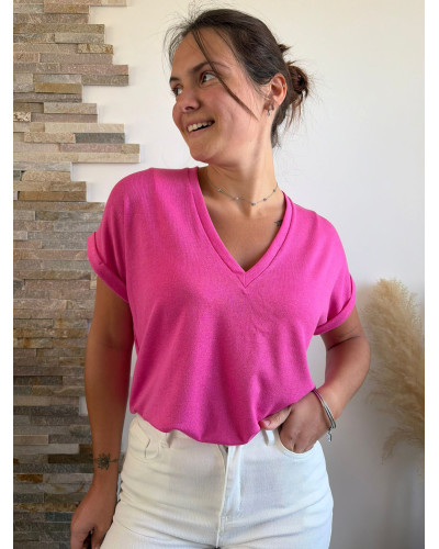 RUBEN | Tee-shirt rose fushia col v légèrement irisé