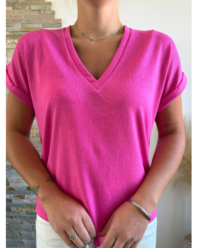RUBEN | Tee-shirt rose fushia col v légèrement irisé