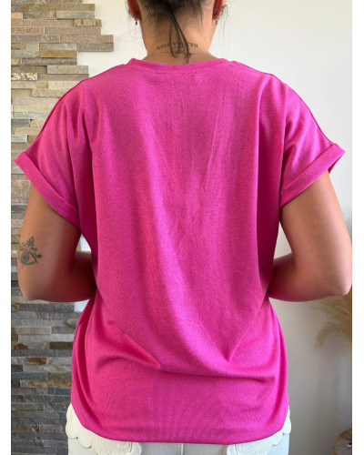 RUBEN | Tee-shirt rose fushia col v légèrement irisé
