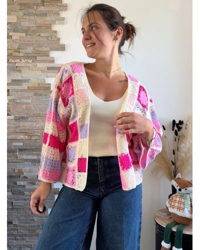 NOE | Gilet macramé écru rose et violet