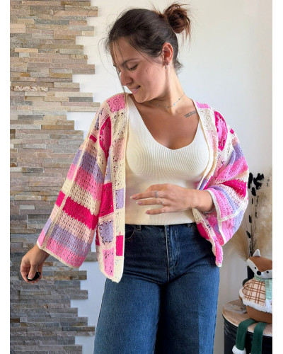 NOE | Gilet macramé écru rose et violet