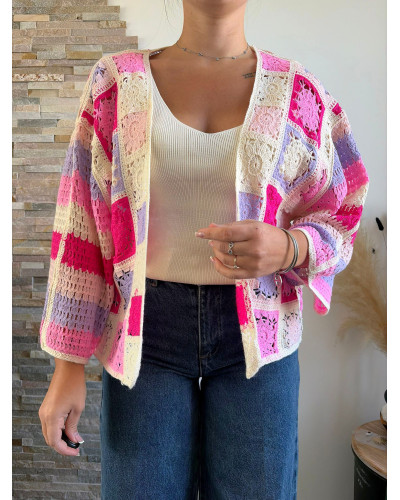 NOE | Gilet macramé écru rose et violet