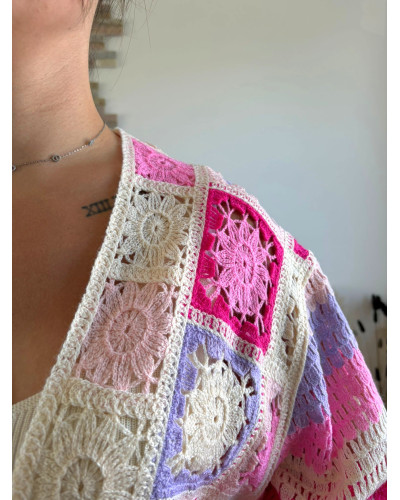 NOE | Gilet macramé écru rose et violet