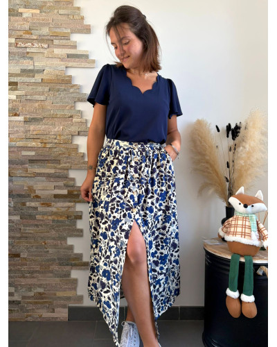 AVA | Blouse fluide bleu marine col feston