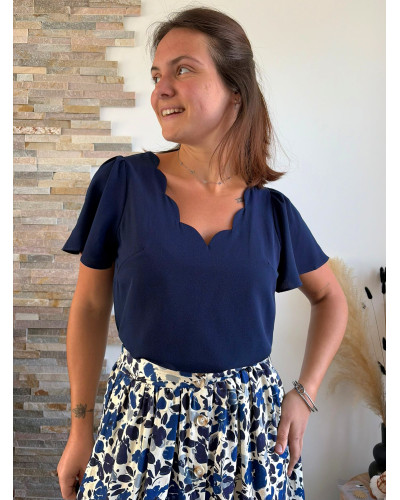 AVA | Blouse fluide bleu marine col feston