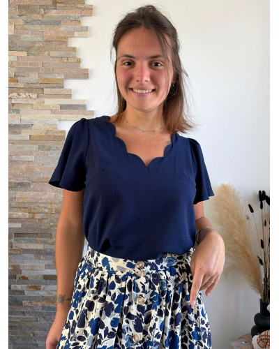 AVA | Blouse fluide bleu marine col feston