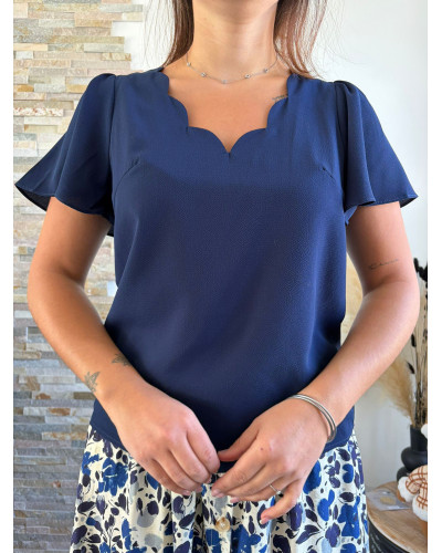AVA | Blouse fluide bleu marine col feston