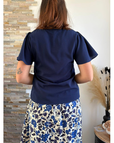 AVA | Blouse fluide bleu marine col feston