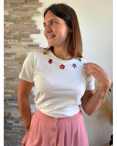 HUGO | Tee-shirt blanc encolure fleurs colorées