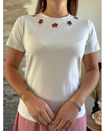 HUGO | Tee-shirt blanc encolure fleurs colorées
