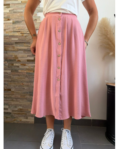 LENA | Jupe longue fluide rose boutons en bois
