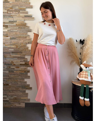 LENA | Jupe longue fluide rose boutons en bois