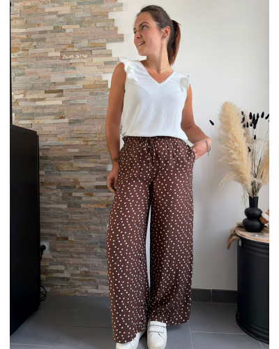 SERAPHIN | Pantalon fluide marron chocolat à pois