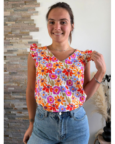 MILIE | Blouse fluide motif fleuri volants sur l'épaule