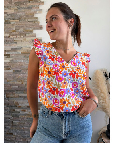 MILIE | Blouse fluide motif fleuri volants sur l'épaule