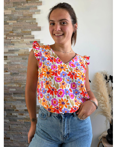 MILIE | Blouse fluide motif fleuri volants sur l'épaule