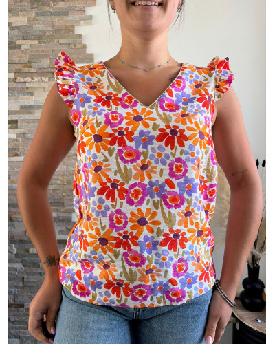 MILIE | Blouse fluide motif fleuri volants sur l'épaule