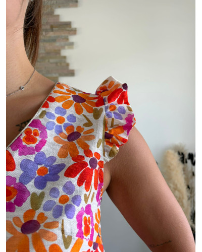 MILIE | Blouse fluide motif fleuri volants sur l'épaule