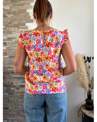 MILIE | Blouse fluide motif fleuri volants sur l'épaule