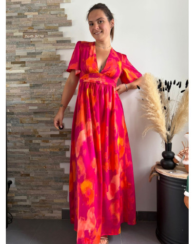 THEOLINE | Robe longue rose orangé dos nu