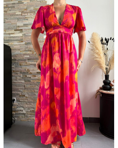 THEOLINE | Robe longue rose orangé dos nu