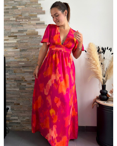 THEOLINE | Robe longue rose orangé dos nu