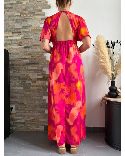 THEOLINE | Robe longue rose orangé dos nu