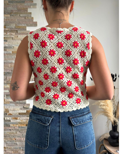 AMAEL | Top en crochet écru fleurs rouges